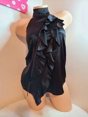 VTG Bebe 100% Silk Roxanne Charm Ruffle Halter Top Size XS - NWT